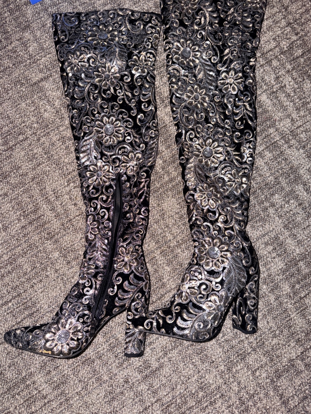 ShopAkira- Black and Silver Floral Baroque Embroidered Over theKnee Boots size 8